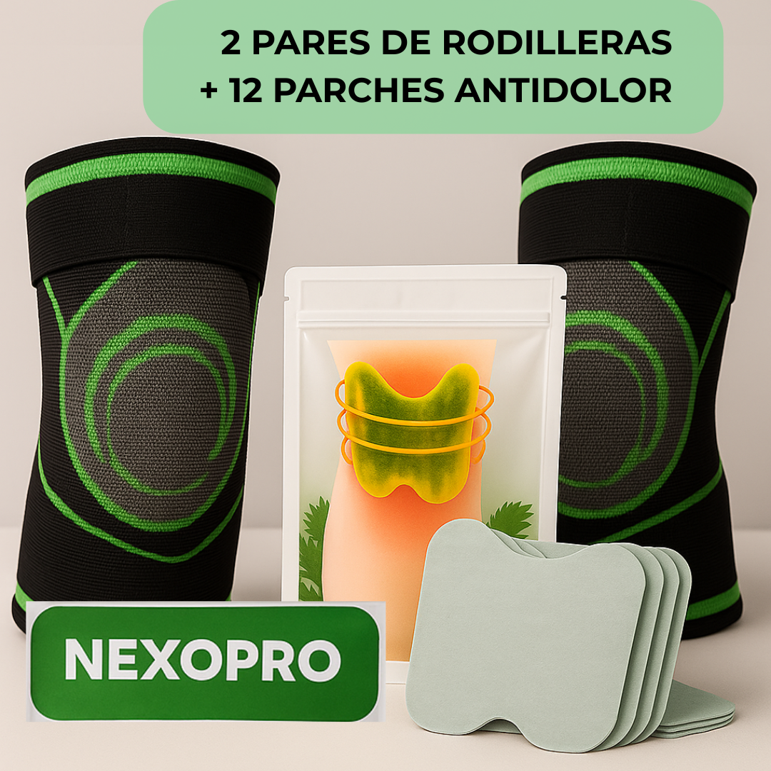 PACK RODILLA NEXOPRO: 1 Rodillera NexoPro + 12 Parches Antidolor + 1 Spray de Tratamiento de Articulaciones - NEXO SHOP