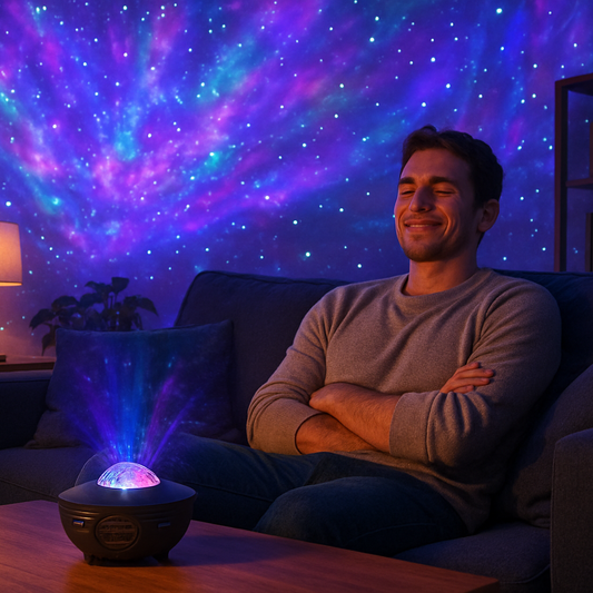 Crear una imágen de una persona en un sofá con cara de satisfacción y el proyector de galaxia que está en esta landing page iluminando con colores la sala