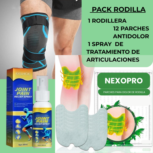 PACK RODILLA NEXOPRO: 1 Rodillera NexoPro + 12 Parches Antidolor + 1 Spray de Tratamiento de Articulaciones - NEXO SHOP