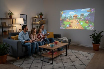 me puedes generar una imagen de una familia jugando en una consola y mirando el juego en un proyector