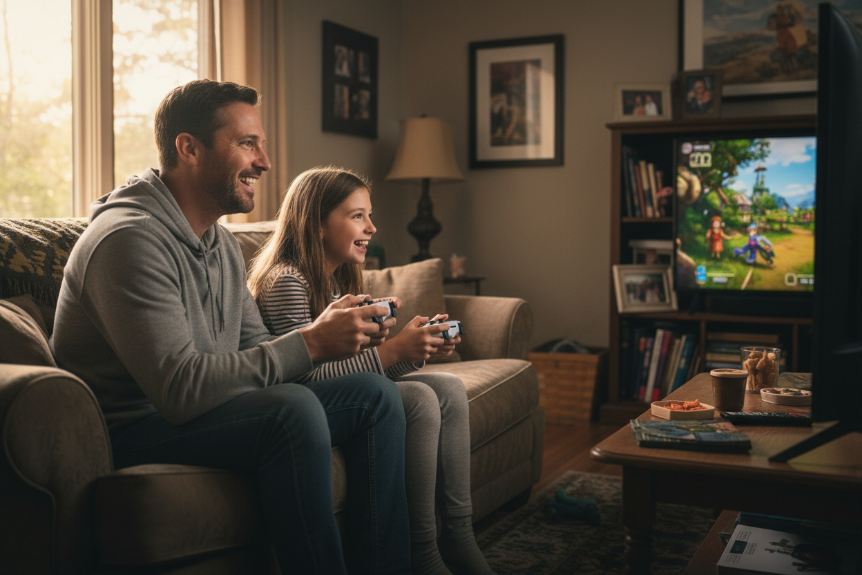 Necesito una imágen de un hombre de unos 45 años con su hija de 12 años jugando frente a la TV con dos mandos tipo consola play 5 en las manos, que sea una imagen lo más natural posible