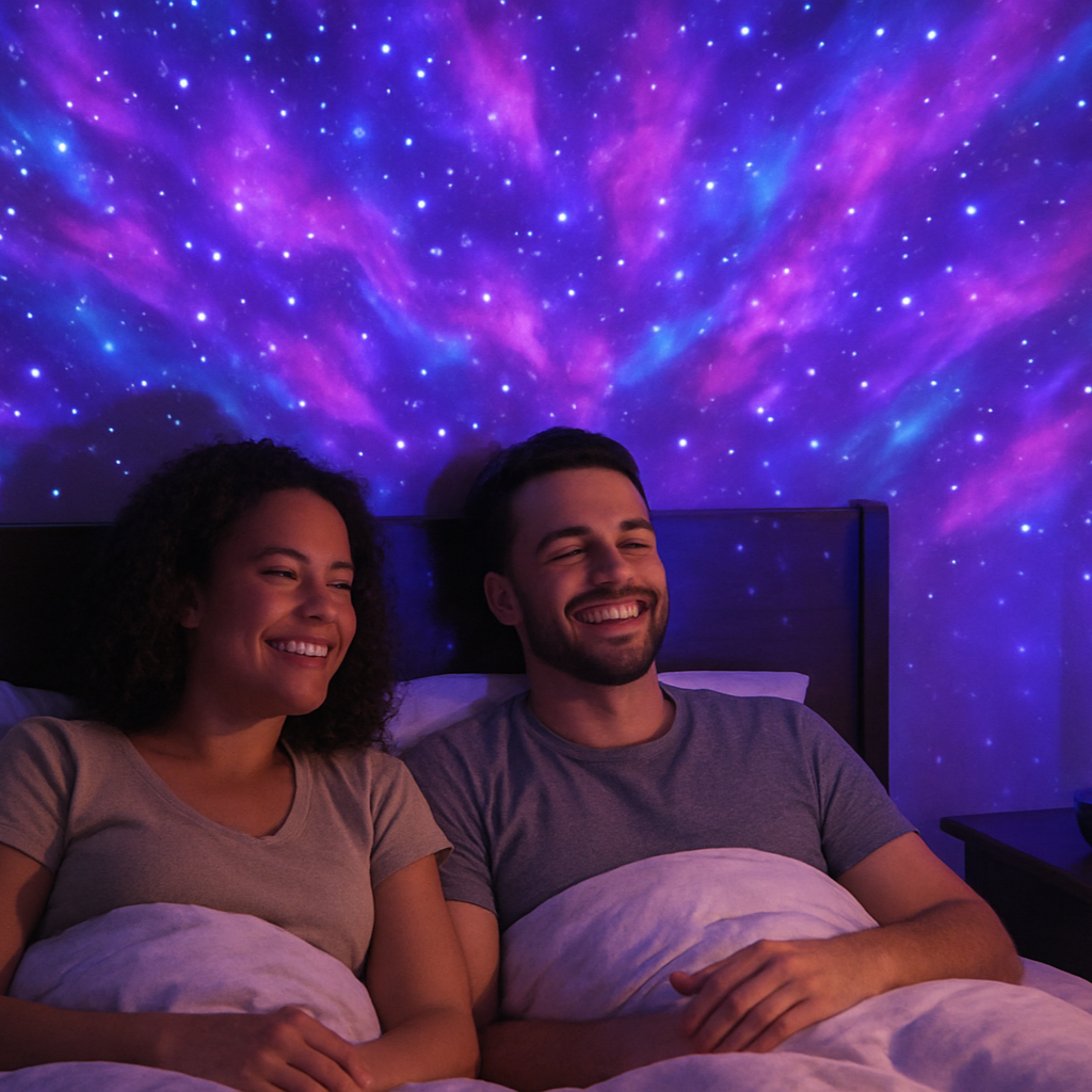Pareja en la cama recostados sonrientes y con el proyector de galaxia de esta landing proyectando en la habitación